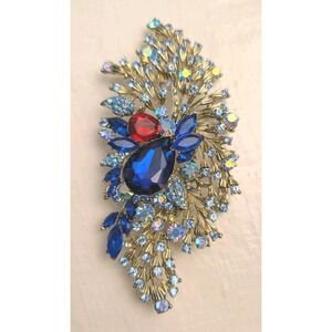 Large Peacock Brooch Pin Blue Red AB Rhinestones Gold Tone Statement 6"